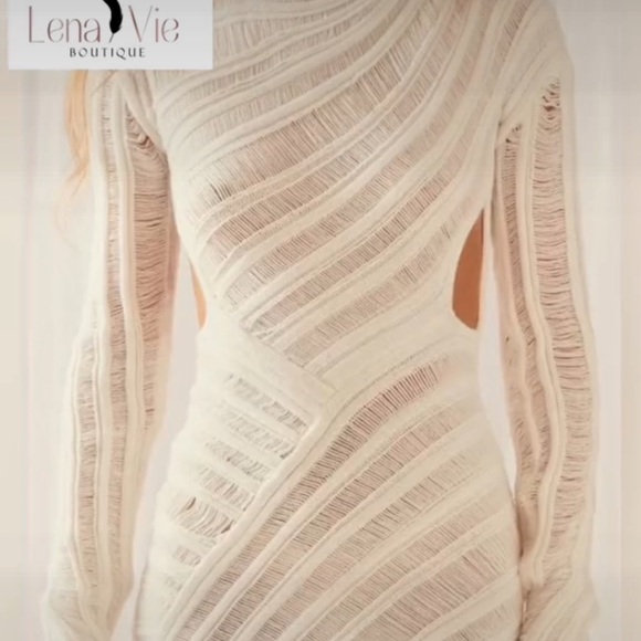 Powder Line Knit Long Sleeve Faux Wrap Cutout Sweater Mini Dress, High Neckline - Picture 7 of 8